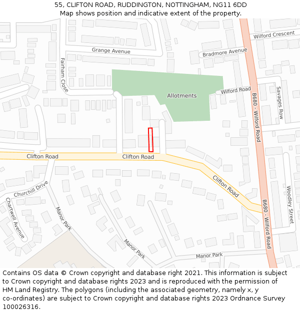 55, CLIFTON ROAD, RUDDINGTON, NOTTINGHAM, NG11 6DD: Location map and indicative extent of plot