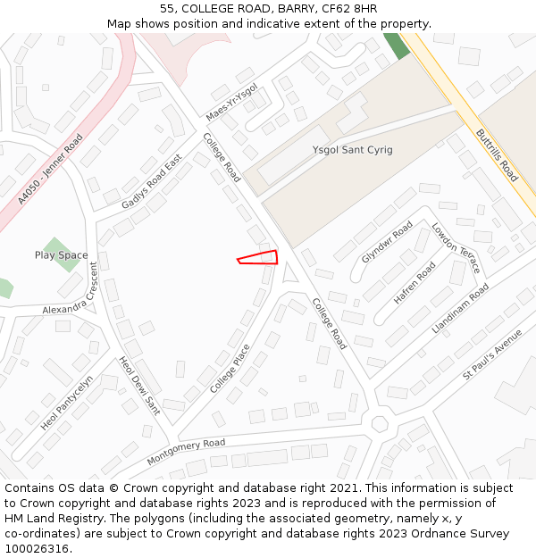 55, COLLEGE ROAD, BARRY, CF62 8HR: Location map and indicative extent of plot