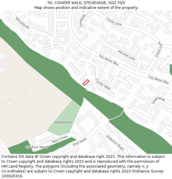 55, CONIFER WALK, STEVENAGE, SG2 7QS: Location map and indicative extent of plot