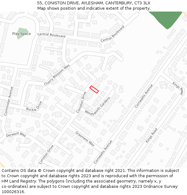 55, CONISTON DRIVE, AYLESHAM, CANTERBURY, CT3 3LX: Location map and indicative extent of plot