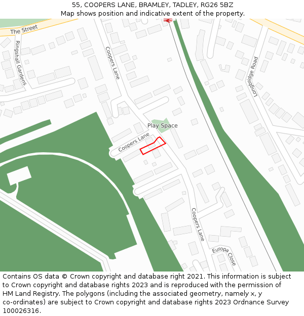 55, COOPERS LANE, BRAMLEY, TADLEY, RG26 5BZ: Location map and indicative extent of plot