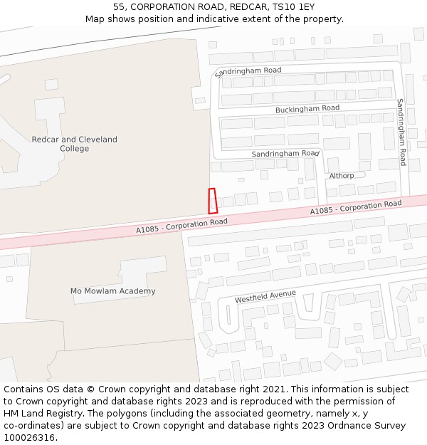 55, CORPORATION ROAD, REDCAR, TS10 1EY: Location map and indicative extent of plot