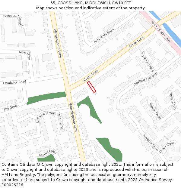55, CROSS LANE, MIDDLEWICH, CW10 0ET: Location map and indicative extent of plot