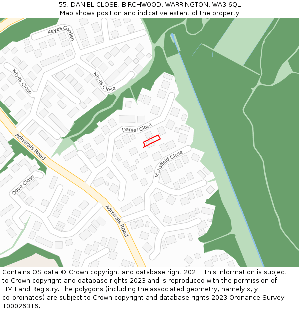 55, DANIEL CLOSE, BIRCHWOOD, WARRINGTON, WA3 6QL: Location map and indicative extent of plot