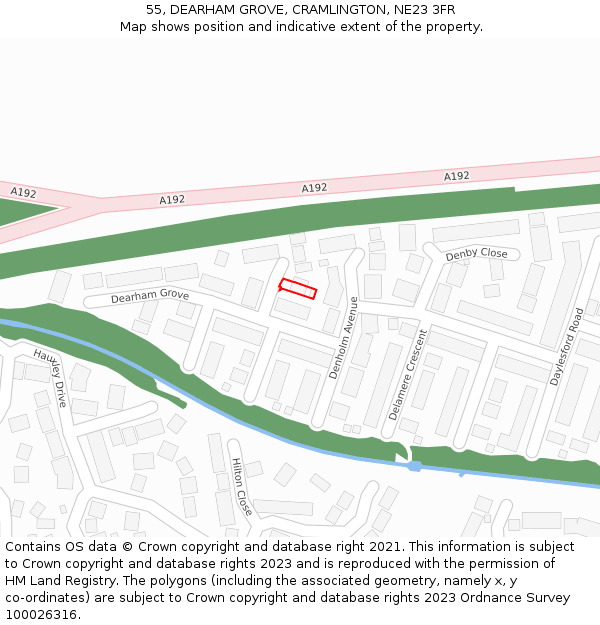 55, DEARHAM GROVE, CRAMLINGTON, NE23 3FR: Location map and indicative extent of plot