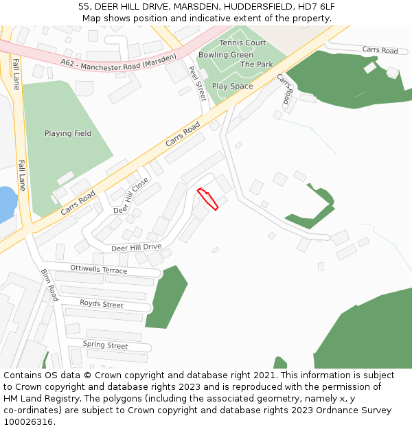 55, DEER HILL DRIVE, MARSDEN, HUDDERSFIELD, HD7 6LF: Location map and indicative extent of plot