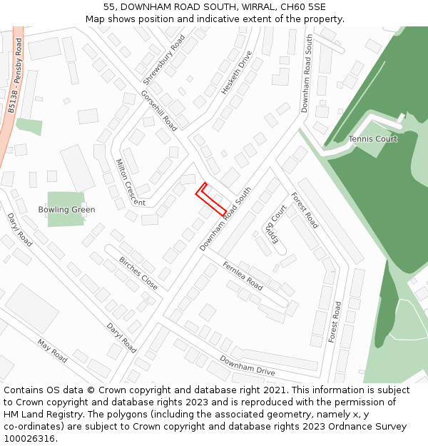 55, DOWNHAM ROAD SOUTH, WIRRAL, CH60 5SE: Location map and indicative extent of plot