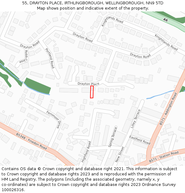 55, DRAYTON PLACE, IRTHLINGBOROUGH, WELLINGBOROUGH, NN9 5TD: Location map and indicative extent of plot
