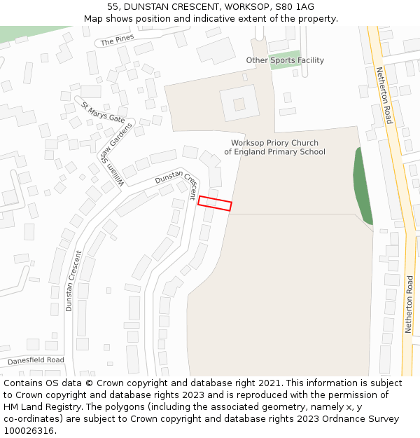 55, DUNSTAN CRESCENT, WORKSOP, S80 1AG: Location map and indicative extent of plot