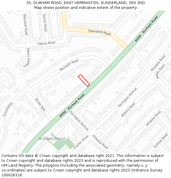 55, DURHAM ROAD, EAST HERRINGTON, SUNDERLAND, SR3 3ND: Location map and indicative extent of plot