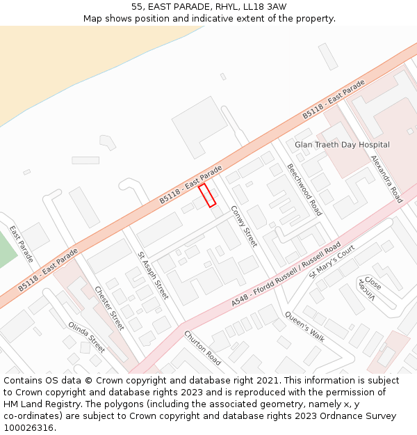 55, EAST PARADE, RHYL, LL18 3AW: Location map and indicative extent of plot