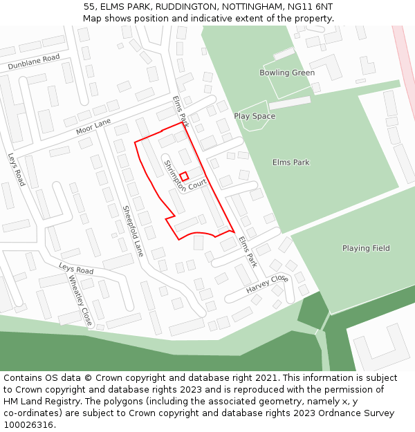 55, ELMS PARK, RUDDINGTON, NOTTINGHAM, NG11 6NT: Location map and indicative extent of plot