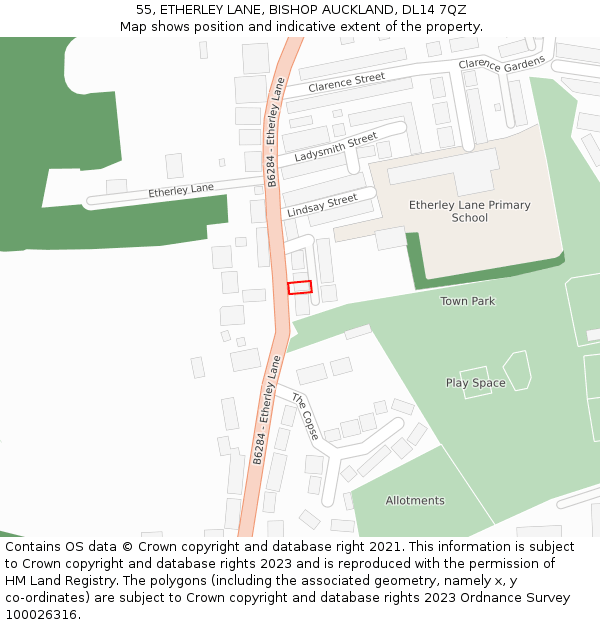 55, ETHERLEY LANE, BISHOP AUCKLAND, DL14 7QZ: Location map and indicative extent of plot