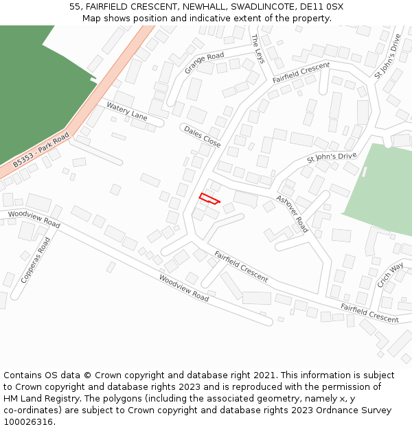 55, FAIRFIELD CRESCENT, NEWHALL, SWADLINCOTE, DE11 0SX: Location map and indicative extent of plot