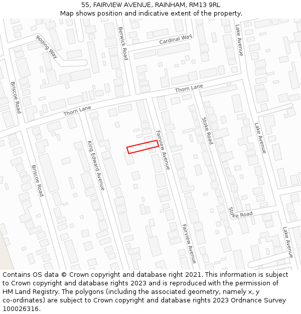 55, FAIRVIEW AVENUE, RAINHAM, RM13 9RL: Location map and indicative extent of plot