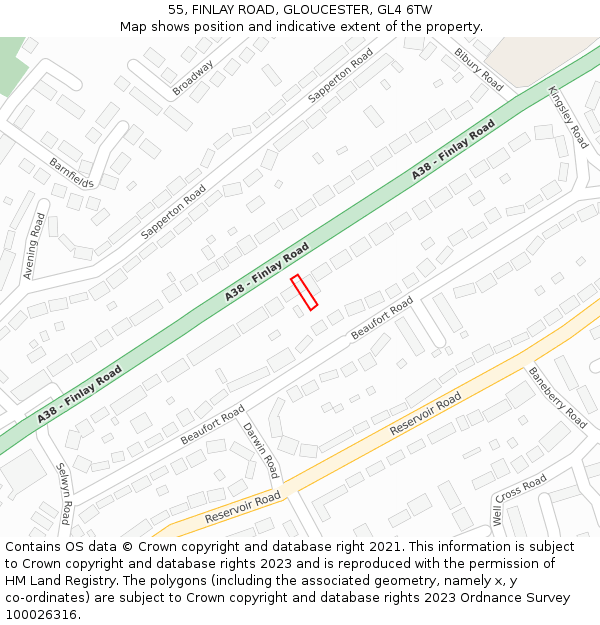 55, FINLAY ROAD, GLOUCESTER, GL4 6TW: Location map and indicative extent of plot