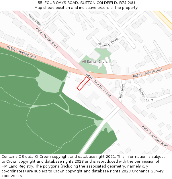 55, FOUR OAKS ROAD, SUTTON COLDFIELD, B74 2XU: Location map and indicative extent of plot