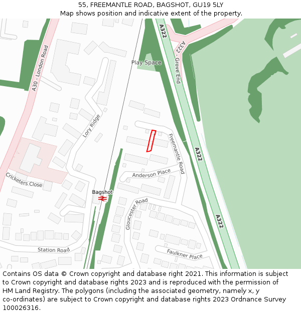 55, FREEMANTLE ROAD, BAGSHOT, GU19 5LY: Location map and indicative extent of plot