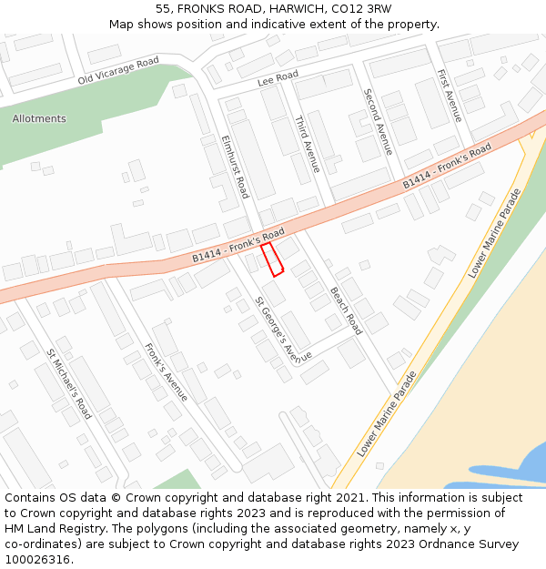 55, FRONKS ROAD, HARWICH, CO12 3RW: Location map and indicative extent of plot