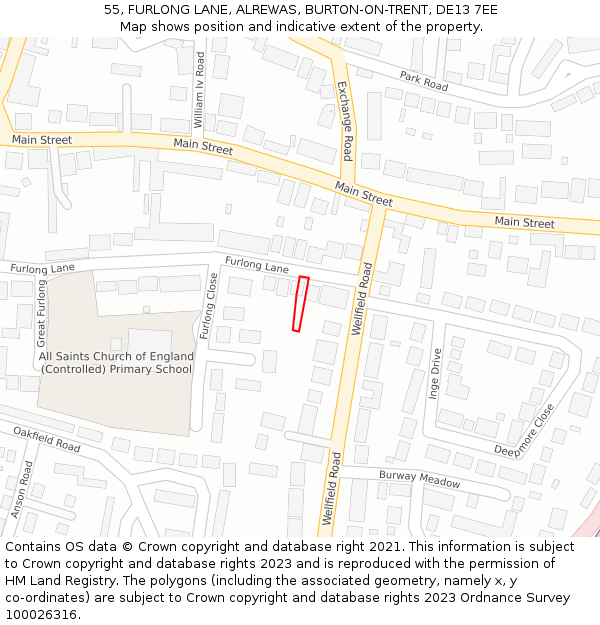 55, FURLONG LANE, ALREWAS, BURTON-ON-TRENT, DE13 7EE: Location map and indicative extent of plot