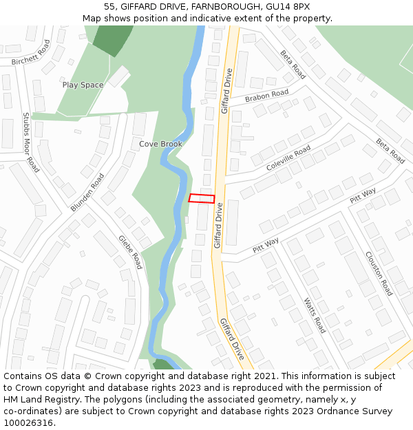 55, GIFFARD DRIVE, FARNBOROUGH, GU14 8PX: Location map and indicative extent of plot