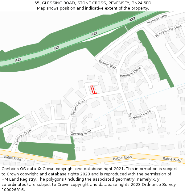 55, GLESSING ROAD, STONE CROSS, PEVENSEY, BN24 5FD: Location map and indicative extent of plot