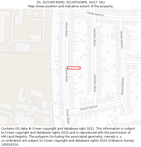 55, GLOVER ROAD, SCUNTHORPE, DN17 1AU: Location map and indicative extent of plot