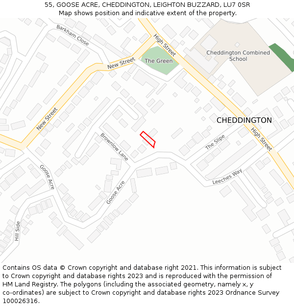 55, GOOSE ACRE, CHEDDINGTON, LEIGHTON BUZZARD, LU7 0SR: Location map and indicative extent of plot