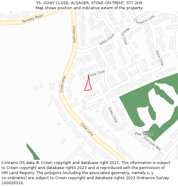 55, GOWY CLOSE, ALSAGER, STOKE-ON-TRENT, ST7 2HX: Location map and indicative extent of plot