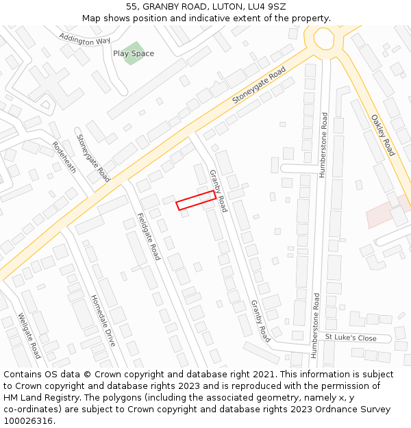 55, GRANBY ROAD, LUTON, LU4 9SZ: Location map and indicative extent of plot