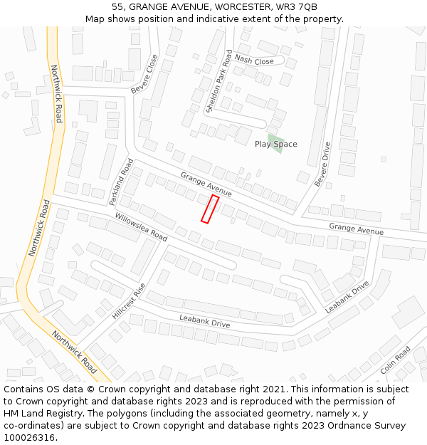 55, GRANGE AVENUE, WORCESTER, WR3 7QB: Location map and indicative extent of plot