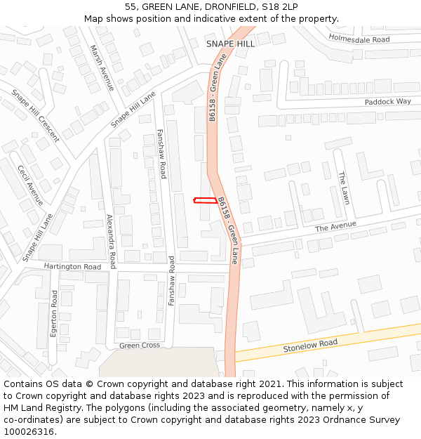 55, GREEN LANE, DRONFIELD, S18 2LP: Location map and indicative extent of plot