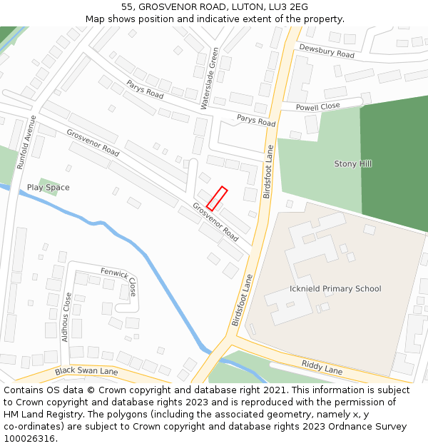 55, GROSVENOR ROAD, LUTON, LU3 2EG: Location map and indicative extent of plot