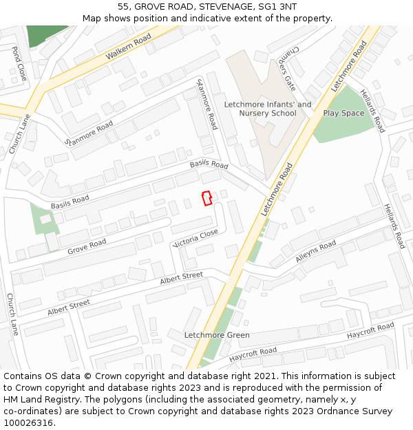 55, GROVE ROAD, STEVENAGE, SG1 3NT: Location map and indicative extent of plot