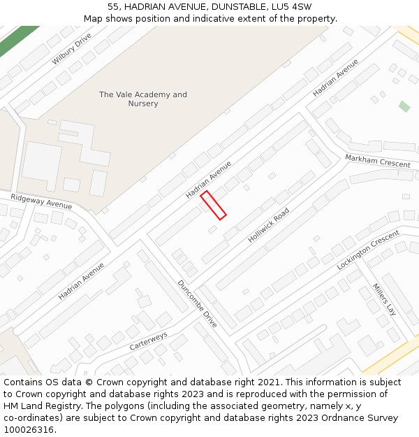 55, HADRIAN AVENUE, DUNSTABLE, LU5 4SW: Location map and indicative extent of plot