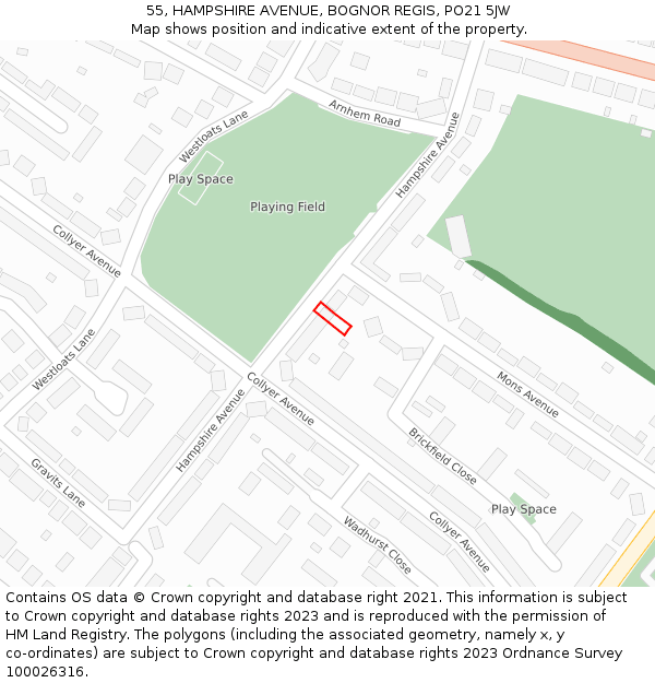 55, HAMPSHIRE AVENUE, BOGNOR REGIS, PO21 5JW: Location map and indicative extent of plot