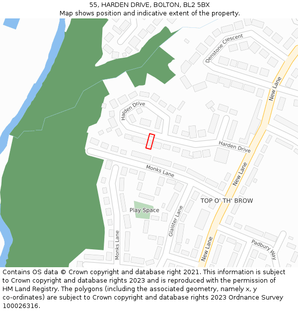 55, HARDEN DRIVE, BOLTON, BL2 5BX: Location map and indicative extent of plot