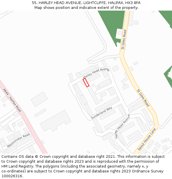 55, HARLEY HEAD AVENUE, LIGHTCLIFFE, HALIFAX, HX3 8FA: Location map and indicative extent of plot