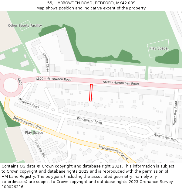 55, HARROWDEN ROAD, BEDFORD, MK42 0RS: Location map and indicative extent of plot