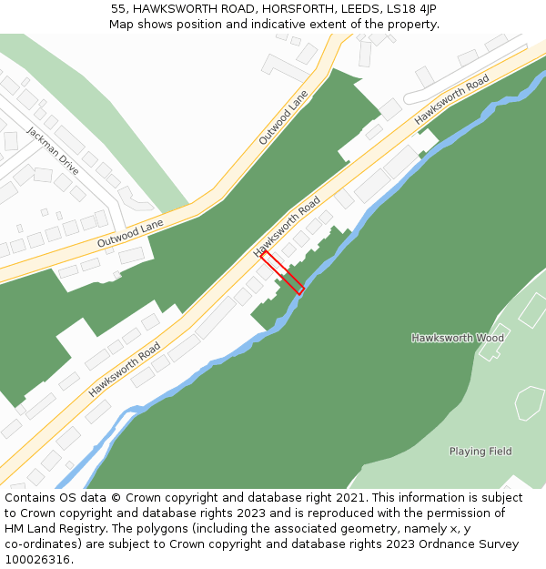 55, HAWKSWORTH ROAD, HORSFORTH, LEEDS, LS18 4JP: Location map and indicative extent of plot