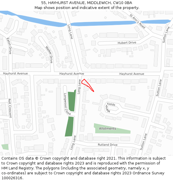 55, HAYHURST AVENUE, MIDDLEWICH, CW10 0BA: Location map and indicative extent of plot