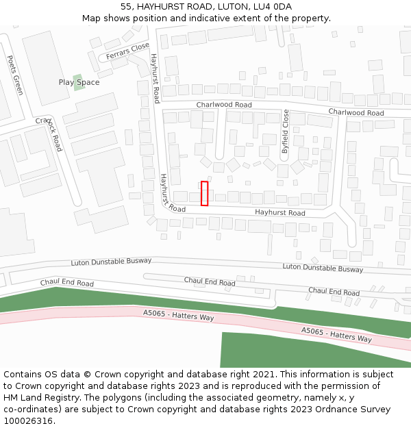 55, HAYHURST ROAD, LUTON, LU4 0DA: Location map and indicative extent of plot