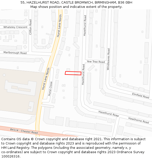 55, HAZELHURST ROAD, CASTLE BROMWICH, BIRMINGHAM, B36 0BH: Location map and indicative extent of plot