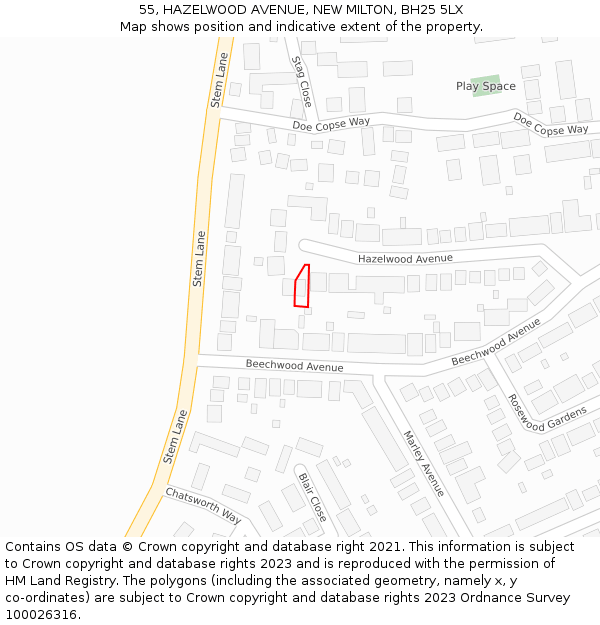 55, HAZELWOOD AVENUE, NEW MILTON, BH25 5LX: Location map and indicative extent of plot