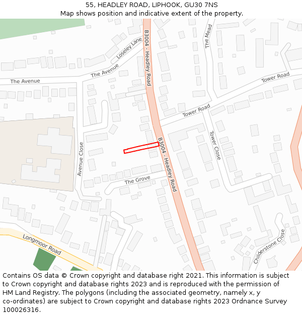 55, HEADLEY ROAD, LIPHOOK, GU30 7NS: Location map and indicative extent of plot