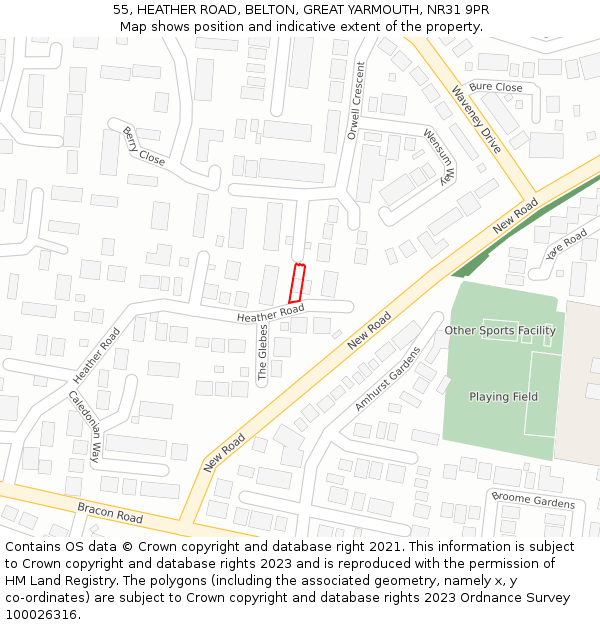 55, HEATHER ROAD, BELTON, GREAT YARMOUTH, NR31 9PR: Location map and indicative extent of plot