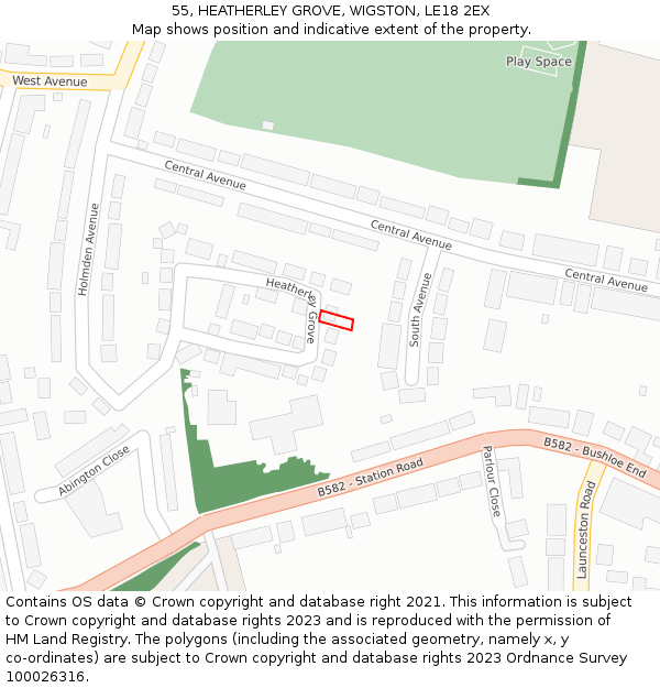 55, HEATHERLEY GROVE, WIGSTON, LE18 2EX: Location map and indicative extent of plot