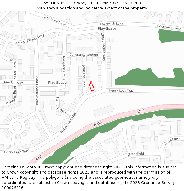 55, HENRY LOCK WAY, LITTLEHAMPTON, BN17 7FB: Location map and indicative extent of plot