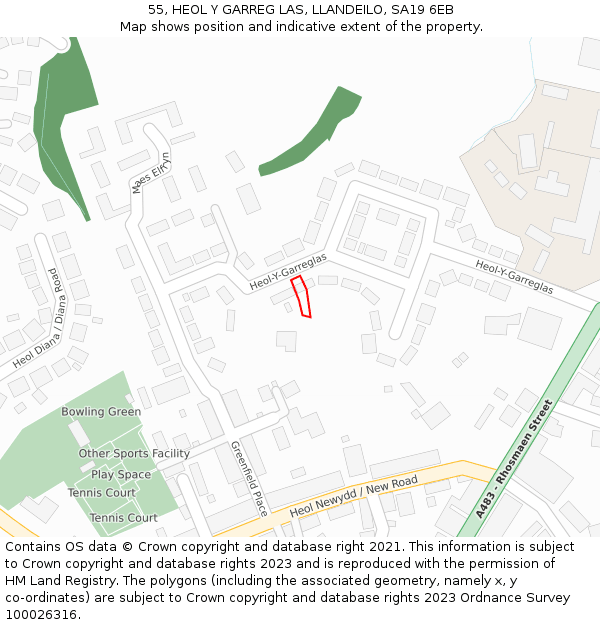 55, HEOL Y GARREG LAS, LLANDEILO, SA19 6EB: Location map and indicative extent of plot