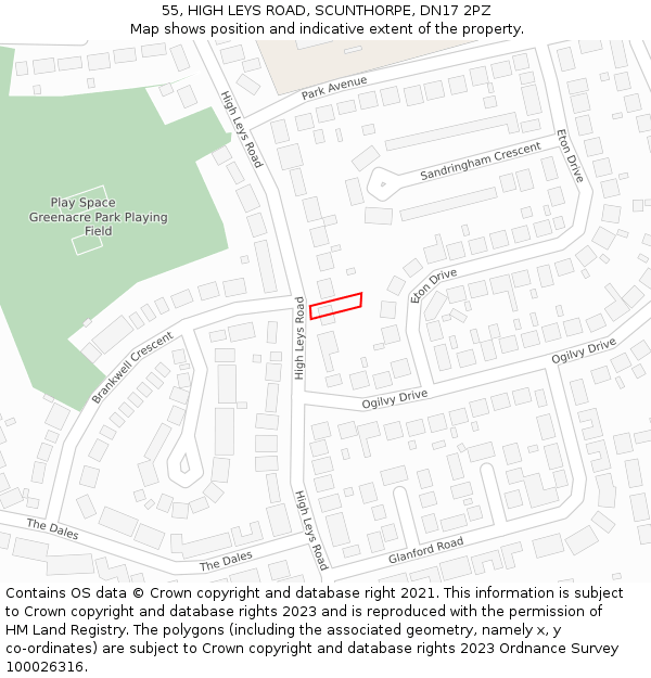 55, HIGH LEYS ROAD, SCUNTHORPE, DN17 2PZ: Location map and indicative extent of plot